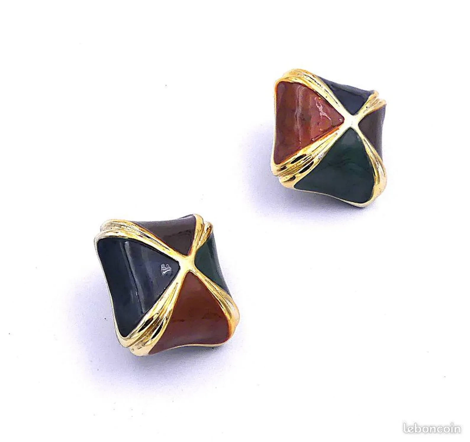 Boucles d'oreilles clips pur vintage, fermoirs clips, métal doré et émail